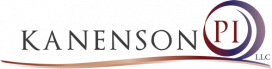 Kanenson PI LLC logo with elegant serif typography and a circular PI emblem in red and purple gradient.