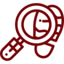 Red line icon of a magnifying glass inspecting a pie chart, symbolizing data analysis or investigation.