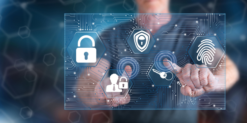 Person interacting with digital icons representing cybersecurity and identity verification, including fingerprint, padlock, and user profile symbols.