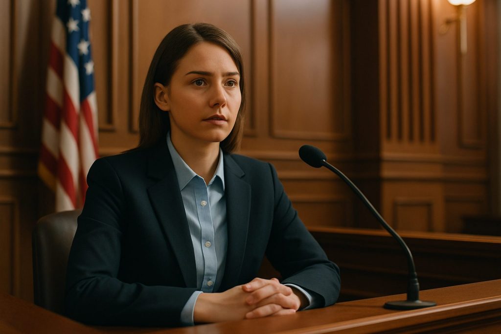 Female private investigator testifying in a courtroom, seated at a witness stand with a microphone and courtroom background.