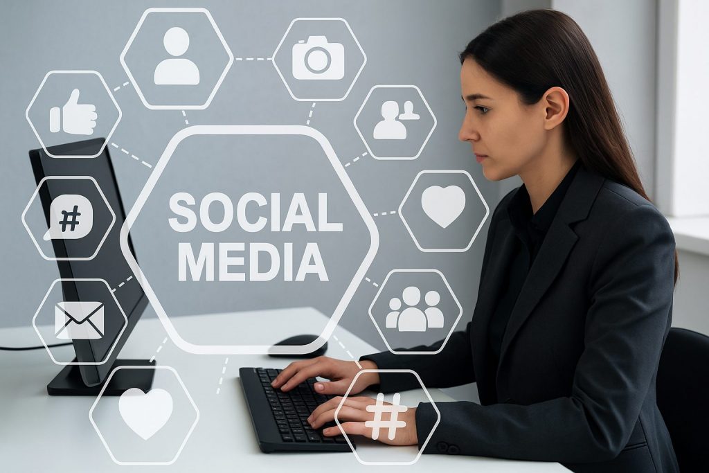 Female private investigator in a black suit analyzing social media icons on a computer screen.